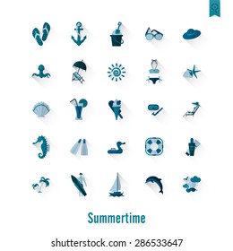 Summer and Beach Simple Flat Icons, Travel and Vacation. Vector