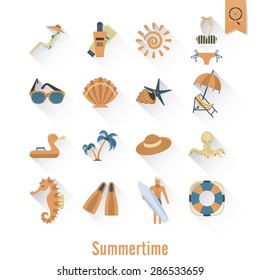 Summer and Beach Simple Flat Icons, Travel and Vacation. Vector
