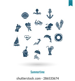 Summer and Beach Simple Flat Icons, Travel and Vacation. Vector