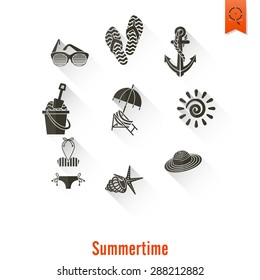 Summer and Beach Simple Flat Icons, Travel and Vacation. Vector