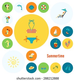 Summer and Beach Simple Flat Icons, Travel and Vacation. Vector