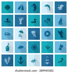 Summer and Beach Simple Flat Icons, Travel and Vacation. Vector