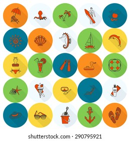 Summer and Beach Simple Flat Icons, Travel and Vacation. Vector