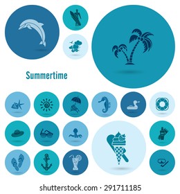 Summer and Beach Simple Flat Icons, Travel and Vacation. Vector