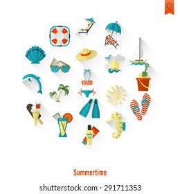 Summer and Beach Simple Flat Icons, Travel and Vacation. Vector