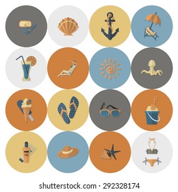 Summer and Beach Simple Flat Icons, Travel and Vacation. Vector