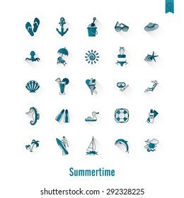 Summer and Beach Simple Flat Icons, Travel and Vacation. Vector