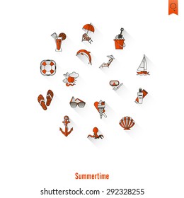 Summer and Beach Simple Flat Icons, Travel and Vacation. Vector