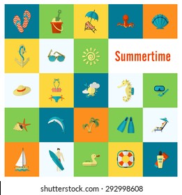 Summer and Beach Simple Flat Icons, Travel and Vacation. Vector