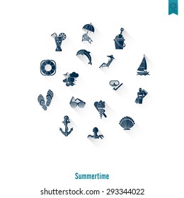 Summer and Beach Simple Flat Icons, Travel and Vacation. Vector