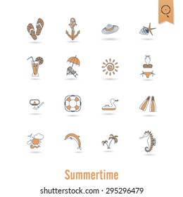 Summer and Beach Simple Flat Icons, Travel and Vacation. Vector