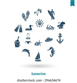 Summer and Beach Simple Flat Icons, Travel and Vacation. Vector