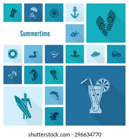 Summer and Beach Simple Flat Icons, Travel and Vacation. Vector