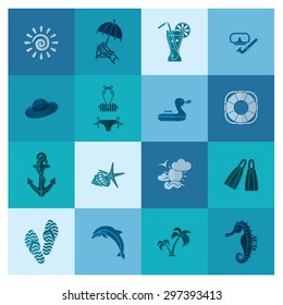 Summer and Beach Simple Flat Icons, Travel and Vacation. Vector