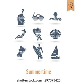 Summer and Beach Simple Flat Icons, Travel and Vacation. Vector