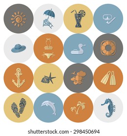 Summer and Beach Simple Flat Icons, Travel and Vacation. Vector