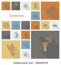 Summer and Beach Simple Flat Icons, Travel and Vacation. Vector