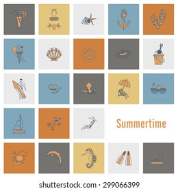 Summer and Beach Simple Flat Icons, Travel and Vacation. Vector