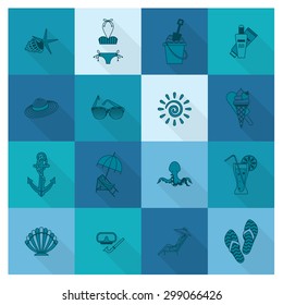 Summer and Beach Simple Flat Icons, Travel and Vacation. Vector