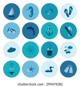 Summer and Beach Simple Flat Icons, Travel and Vacation. Vector