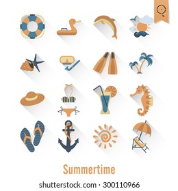 Summer and Beach Simple Flat Icons, Travel and Vacation. Vector