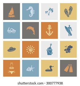 Summer and Beach Simple Flat Icons, Travel and Vacation. Vector
