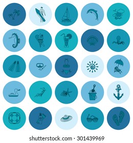 Summer and Beach Simple Flat Icons, Travel and Vacation. Vector