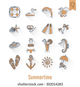 Summer and Beach Simple Flat Icons, Travel and Vacation. Vector