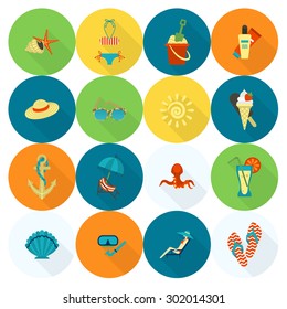 Summer and Beach Simple Flat Icons, Travel and Vacation. Vector