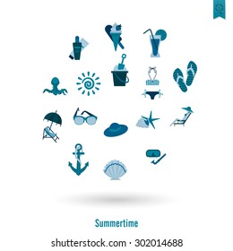 Summer and Beach Simple Flat Icons, Travel and Vacation. Vector