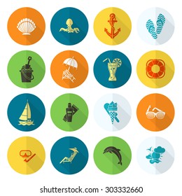 Summer and Beach Simple Flat Icons, Travel and Vacation. Vector