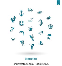 Summer and Beach Simple Flat Icons, Travel and Vacation. Vector