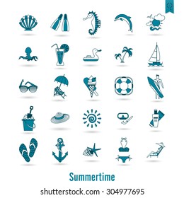 Summer and Beach Simple Flat Icons, Travel and Vacation. Vector