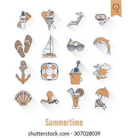 Summer and Beach Simple Flat Icons, Travel and Vacation. Vector