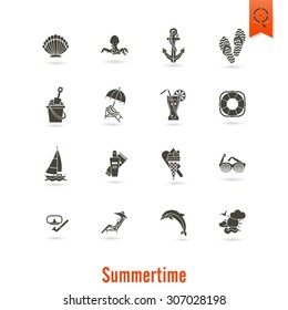 Summer and Beach Simple Flat Icons, Travel and Vacation. Vector