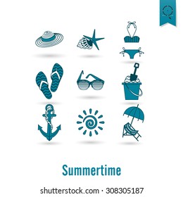 Summer and Beach Simple Flat Icons, Travel and Vacation. Vector