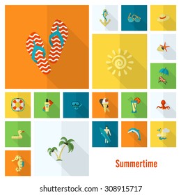 Summer and Beach Simple Flat Icons, Travel and Vacation. Vector