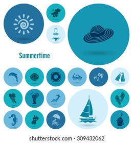 Summer and Beach Simple Flat Icons, Travel and Vacation. Vector