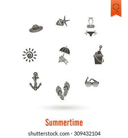Summer and Beach Simple Flat Icons, Travel and Vacation. Vector