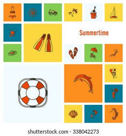 Summer and Beach Simple Flat Icons, Travel and Vacation. Vector
