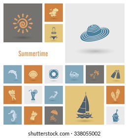 Summer and Beach Simple Flat Icons, Travel and Vacation. Vector