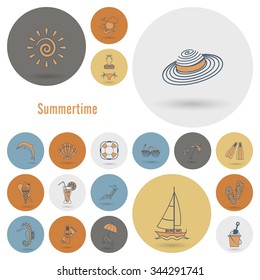 Summer and Beach Simple Flat Icons, Travel and Vacation. Vector