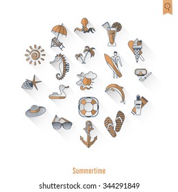 Summer and Beach Simple Flat Icons, Travel and Vacation. Vector