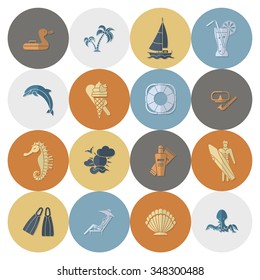Summer and Beach Simple Flat Icons, Travel and Vacation. Vector