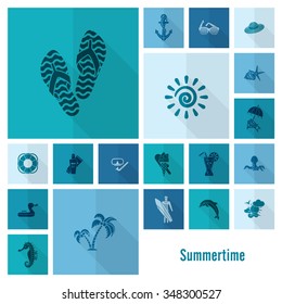Summer and Beach Simple Flat Icons, Travel and Vacation. Vector