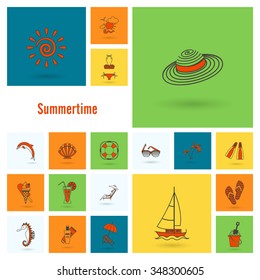 Summer and Beach Simple Flat Icons, Travel and Vacation. Vector