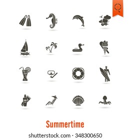 Summer and Beach Simple Flat Icons, Travel and Vacation. Vector