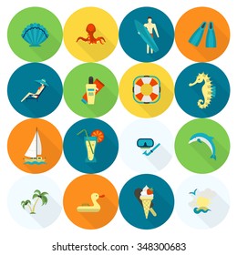 Summer and Beach Simple Flat Icons, Travel and Vacation. Vector