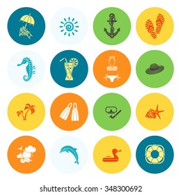Summer and Beach Simple Flat Icons, Travel and Vacation. Vector