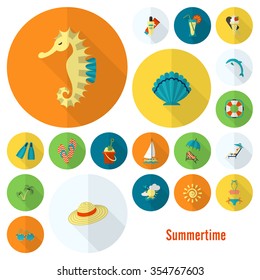 Summer and Beach Simple Flat Icons, Travel and Vacation. Vector